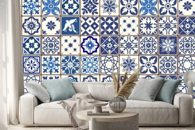 Naklejka: Blue portuguese tiles pattern - azulejos vector, fashion interior