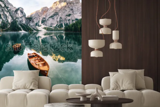 Naklejka: Boats and slip construction in braies lake with crystal water