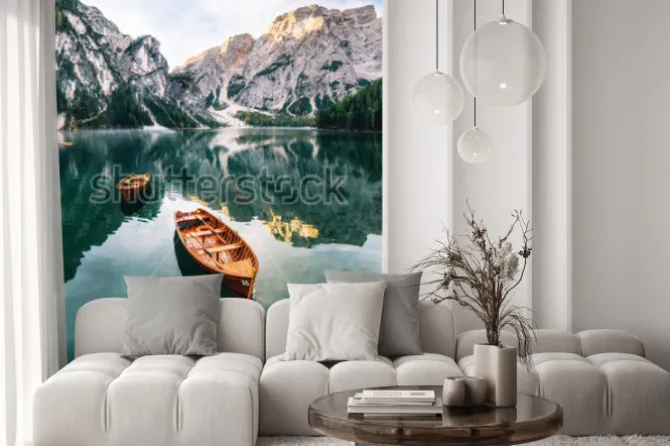 Naklejka: Boats and slip construction in braies lake with crystal water