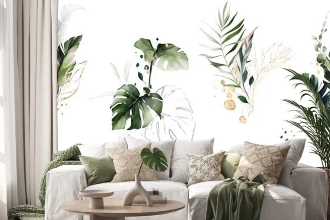 Naklejka: Botaniczne akwarele z liśćmi i złotawymi akcentami