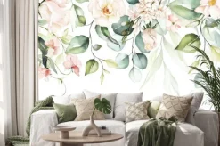 Naklejka: Botaniczny wzór z akwarelowymi kwiatami wśród zielonych liści