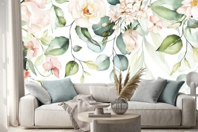 Naklejka: Botaniczny wzór z akwarelowymi kwiatami wśród zielonych liści