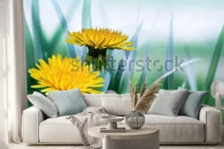 Naklejka: Bright spring natural background with dandelions