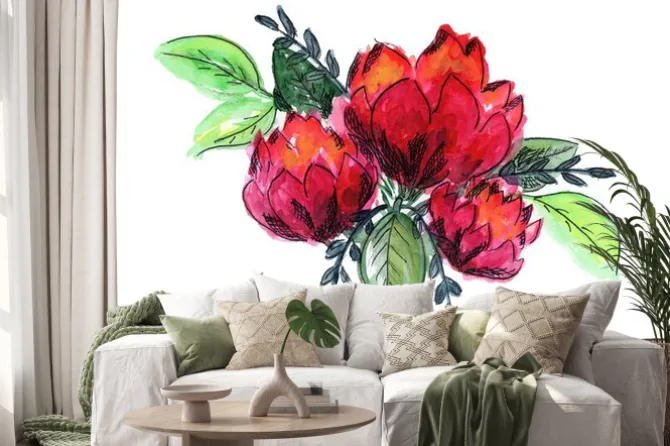 Naklejka: Bright watercolor red and green floral bouquet. color painting