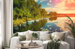 Naklejka: Brzegu rzeki z drzew o zachodzie słońca