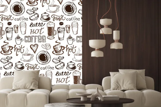 Naklejka: Brązowe filiżanki i kubki kawy z napisami