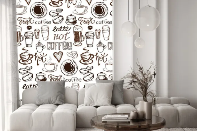 Naklejka: Brązowe filiżanki i kubki kawy z napisami