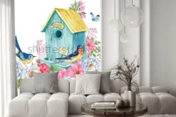 Naklejka: Budka dla ptaków z motylem i kwiatami w stylu akwareli