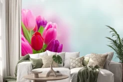 Naklejka: Bukiet kwiatów tulipanów różowe i fioletowe