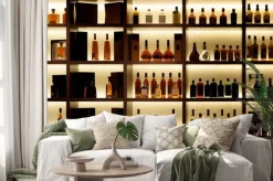 Naklejka: Butelki alkoholu na półkach w barze