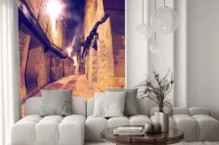 Naklejka: Calle de pueblo al anochecer con faroles