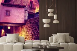 Naklejka: Calle de pueblo al anochecer con faroles y banco