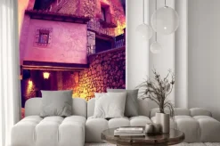 Naklejka: Calle de pueblo al anochecer con faroles y banco