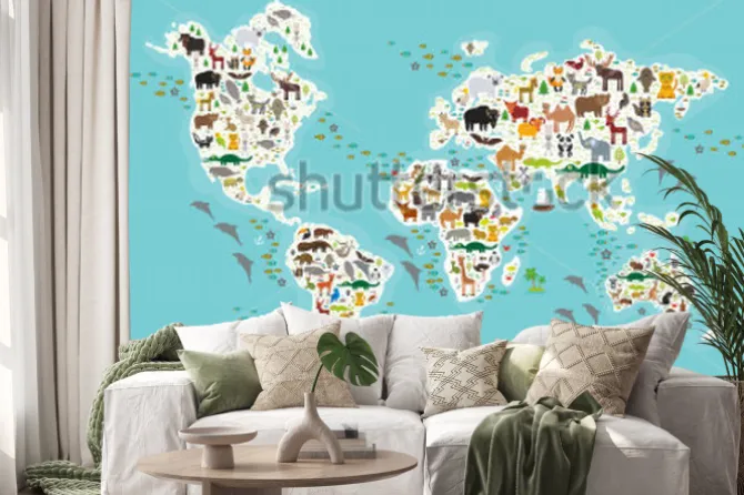 Naklejka: Cartoon animal world map for children and kids, animals from