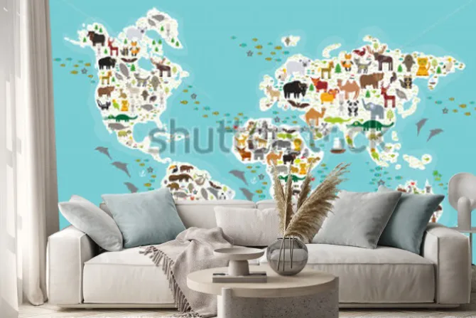Naklejka: Cartoon animal world map for children and kids, animals from