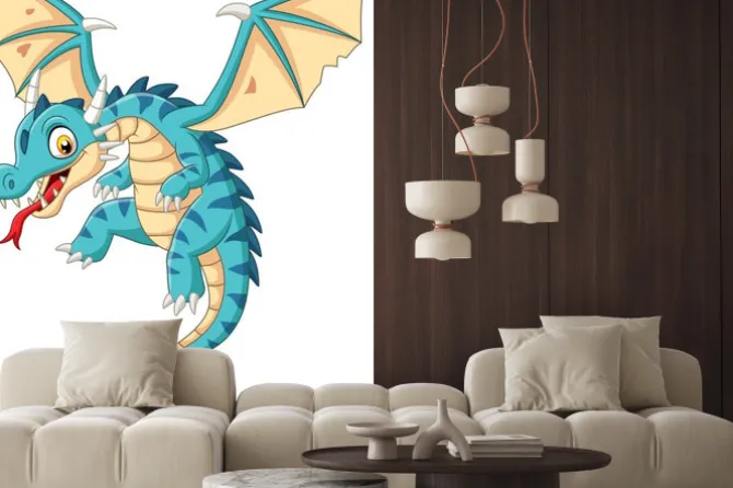 Naklejka: Cartoon baby dragon flying on white background