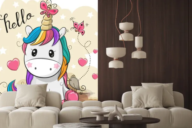 Naklejka: Cartoon jednorożca z motyli i ptaka