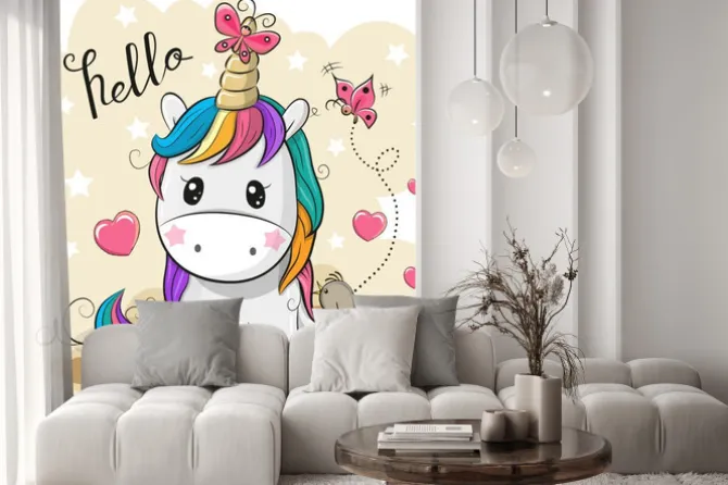 Naklejka: Cartoon jednorożca z motyli i ptaka