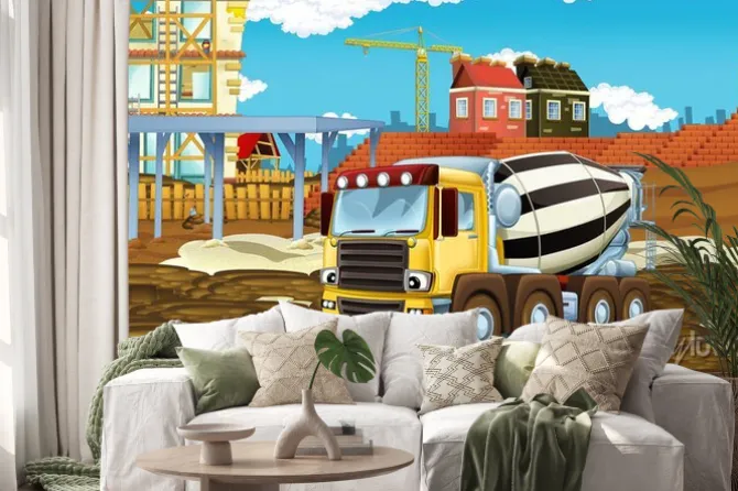 Naklejka: Cartoon scene with industry cars on construction site - illustration