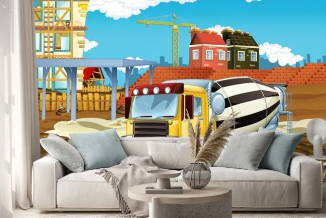 Naklejka: Cartoon scene with industry cars on construction site - illustration