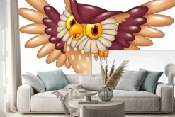 Naklejka: Cartoon sowa ptak latający gospodarstwa pusty znak