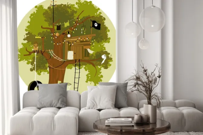 Naklejka: Cartoon tree house with a pirate flag, tire swing, basketball