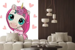 Naklejka: Cartoon unicorn girl with hearts on a white background