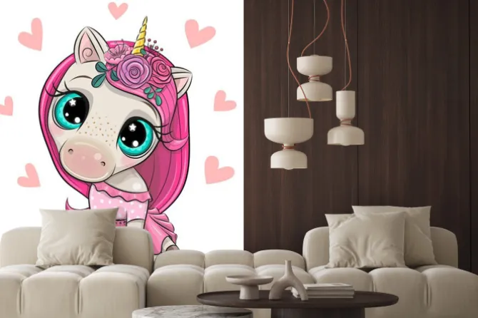 Naklejka: Cartoon unicorn girl with hearts on a white background