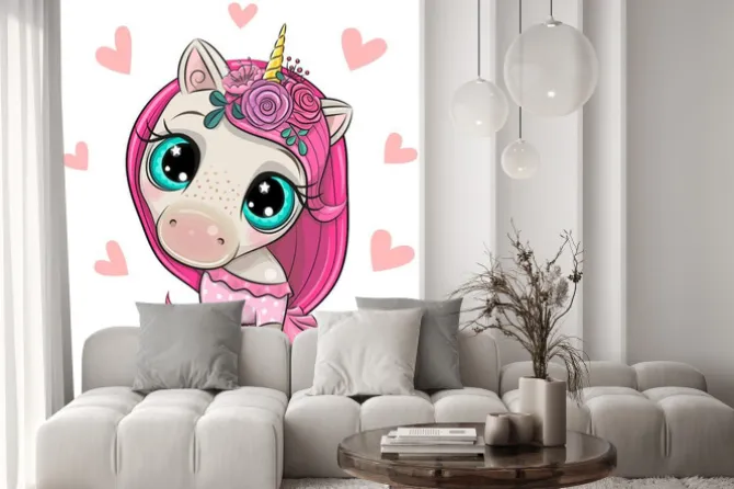 Naklejka: Cartoon unicorn girl with hearts on a white background