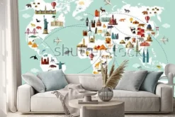 Naklejka: Cartoon world map with animal and sightseeing attractions. vector