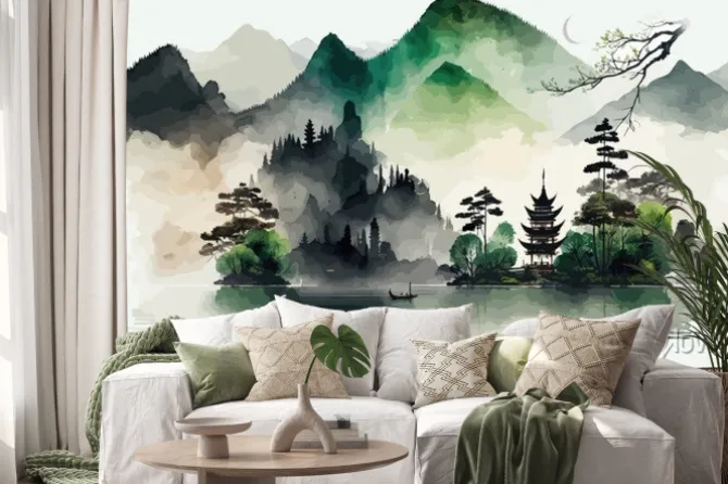 Naklejka: Chiński krajobraz z górami i jeziorem