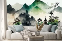 Naklejka: Chiński krajobraz z górami i jeziorem