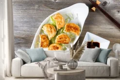 Naklejka: Chińskie pierożki smażone danie z sosem zanurzenie gotowe do