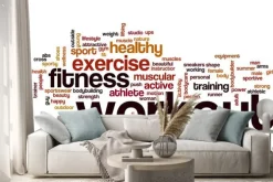 Naklejka: Chmura słów z hasłami fitness na białym tle