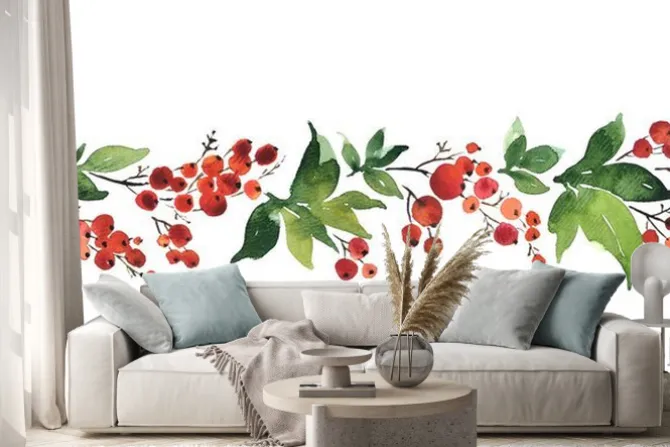 Naklejka: Christmas watercolor horizontal seamless pattern with holly berries