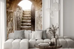 Naklejka: Ściana z kamienia z otwartymi drzwiami i promieni światła z tyłu