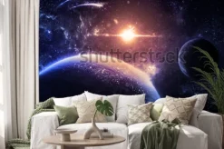 Naklejka: Ciemna planeta i księżyc nad świecącą gwiazdą - elementy tego