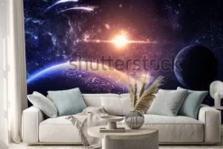 Naklejka: Ciemna planeta i księżyc nad świecącą gwiazdą - elementy tego