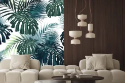 Naklejka: Ciemnozielone liście monstery i palmy na białym tle