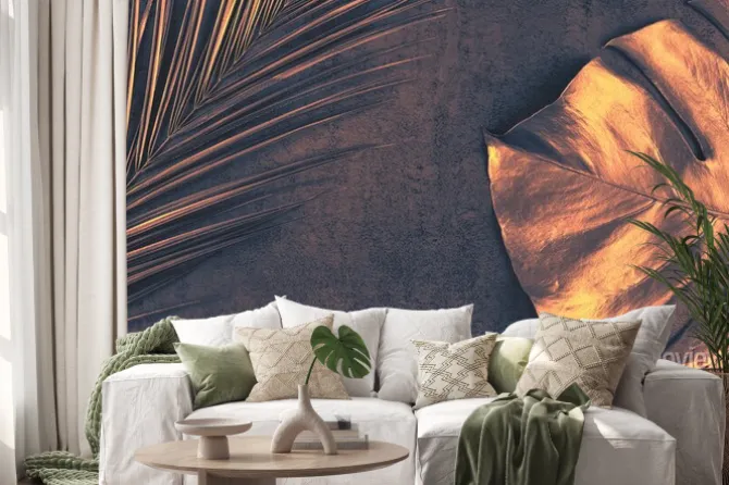 Naklejka: Closeup of bronze palm and monstera leaves on abstract dark purple