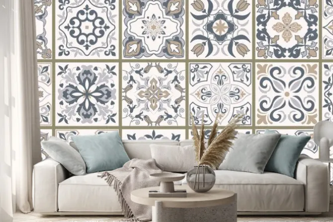 Naklejka: Collection of 18 ceramic tiles in turkish style. seamless colorful