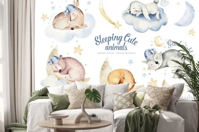 Naklejka: Cute dreaming cartoon animal deer, bear hand drawn watercolor