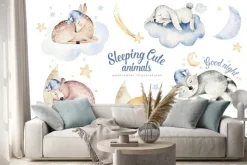 Naklejka: Cute dreaming cartoon animal deer, bear hand drawn watercolor