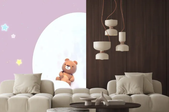 Naklejka: Cute little bear watching beautiful night sky with stars in front