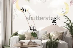 Naklejka: Cute pandas playing kids room wallpaper design