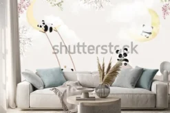 Naklejka: Cute pandas playing kids room wallpaper design