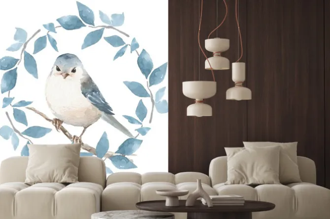 Naklejka: Cute ptak z wieniec kwiatów. akwarela 1