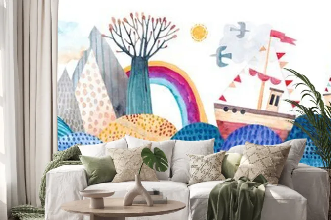 Naklejka: Cute sea landscape, waves, montains, ships, clouds and rainbow.