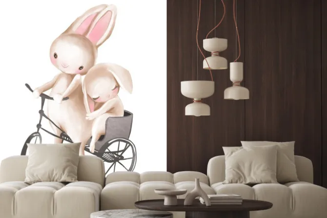 Naklejka: Cute watercolor baby boy and girl bunnies in a bicycle