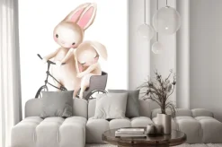Naklejka: Cute watercolor baby boy and girl bunnies in a bicycle